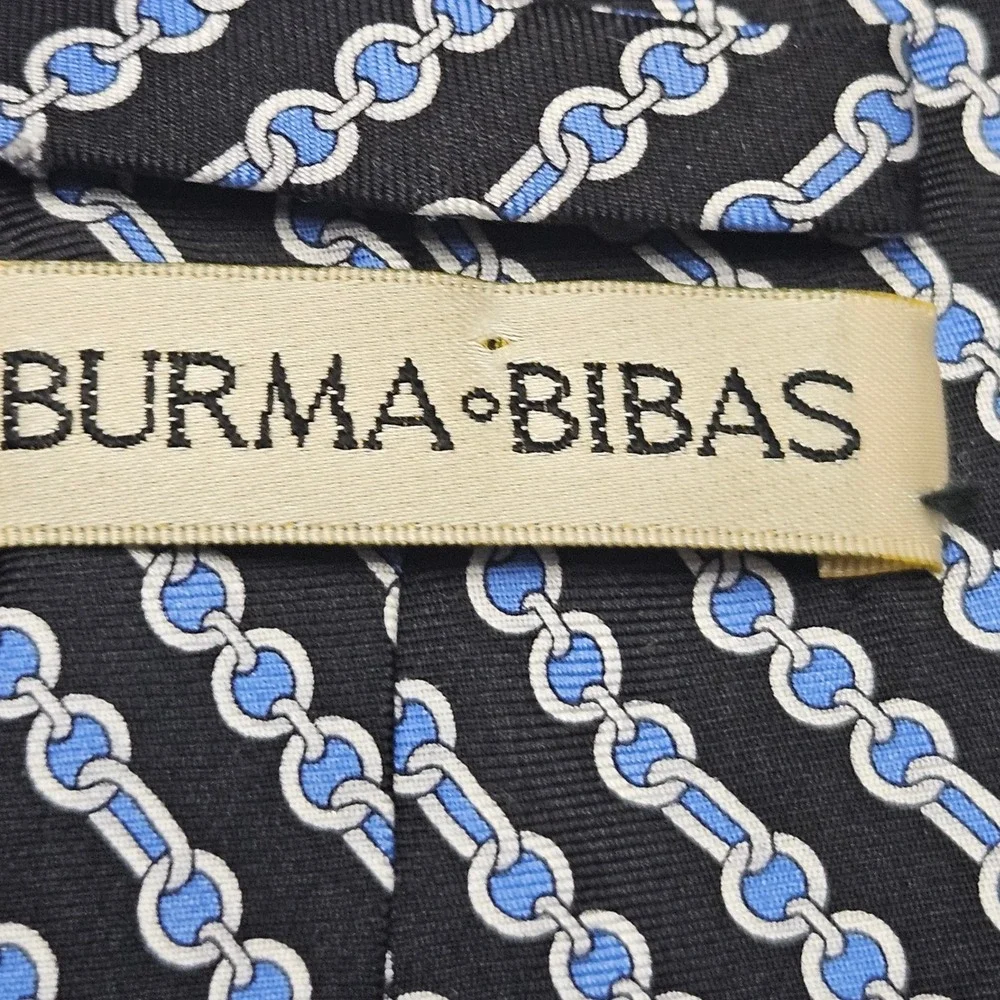 Burma‎ Bibas Silk Tie Black Blue Chain Link Pattern 100% Silk Classic Neckwear